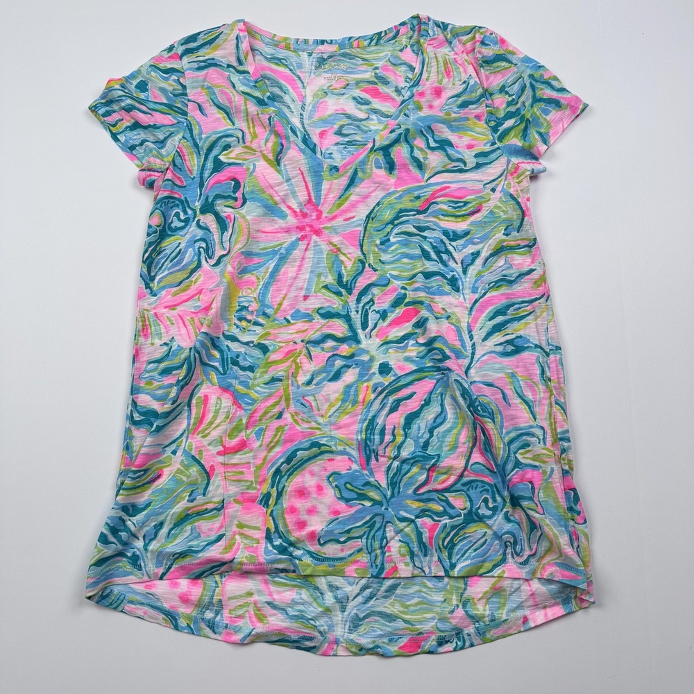 Lilly Pulitzer Shirt Womens XS Pink Blue Tropical Print V Neck Tunic Top